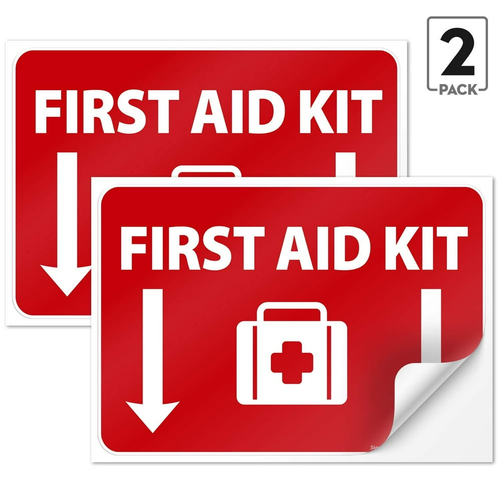 First Aid Kit Sign, (2 Pack) Sticker, 10x7 Inches, 4 Mil Vinyl Self Adhesive Durable Decal