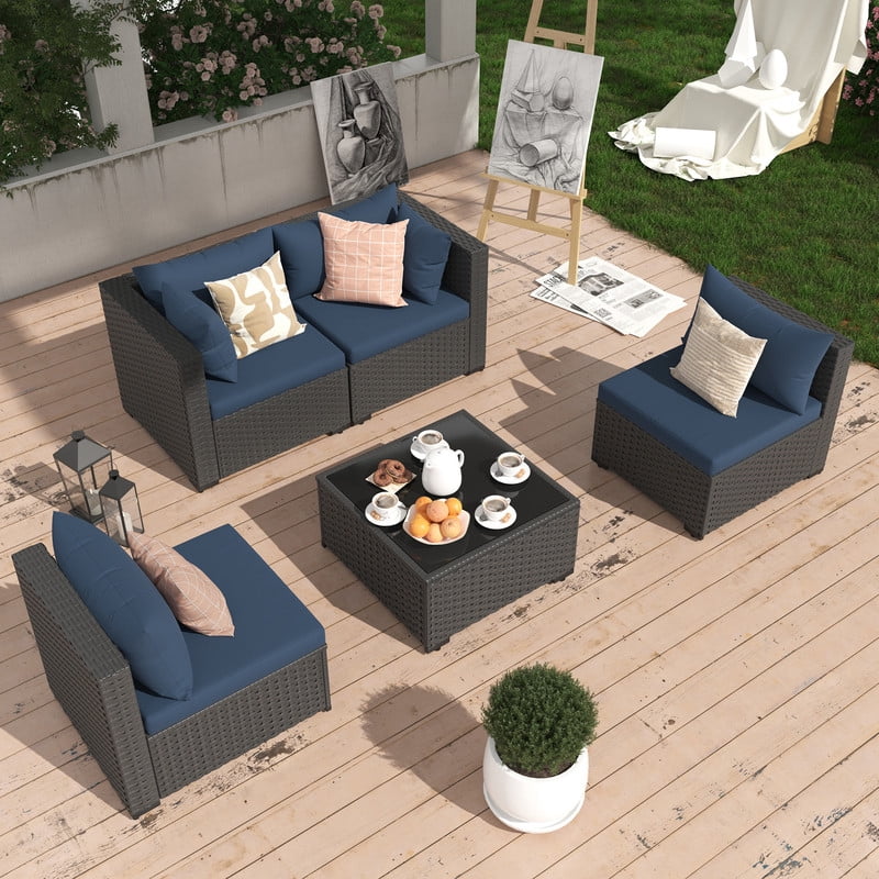 ELPOSUN 5 Pieces Patio Furniture Set, Outdoor Furniture Sectional Rattan Sofa for Backyard Garden Navy