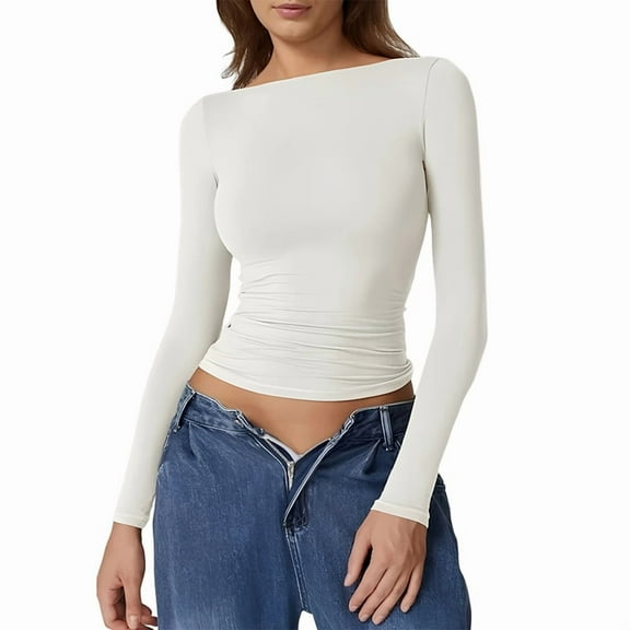 Womens Crewneck Long Sleeve Shirt Double Lined Basic Tees Side Ruched Going Out Crop Tops White L