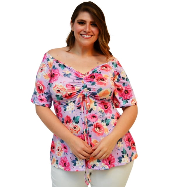 Blusa escote ajustable Roman Fashion, talla extra 1711 (Lila floreado) lila 36 Roman Fashion Blusa extra 1711