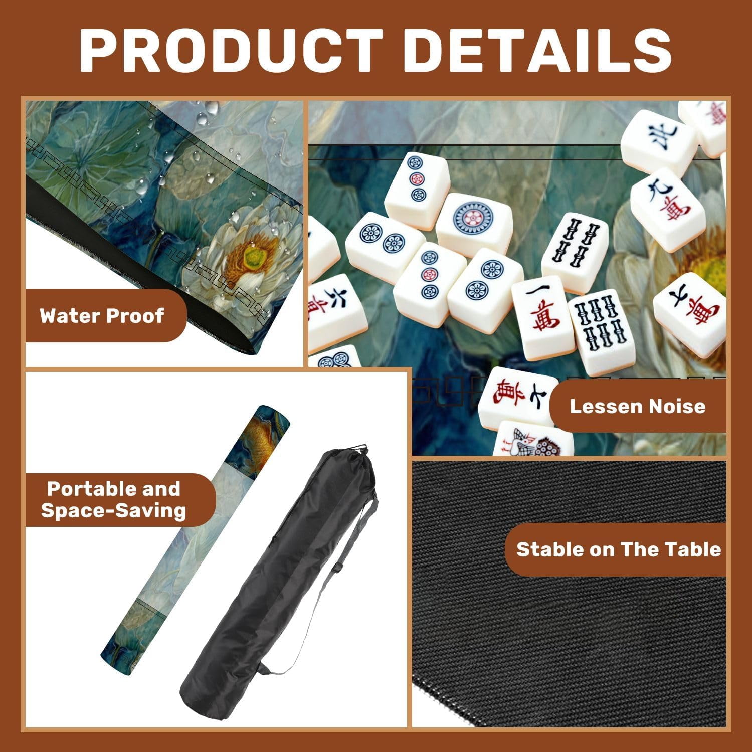 Mahjong Mat 31.5" x 31.5" Tranquil Pond Wall Decor Pastel Floral Non-Slip Noise Reduction Mahjong Tiles Table Cover for Dominoes Poker Card Board and Tile Games