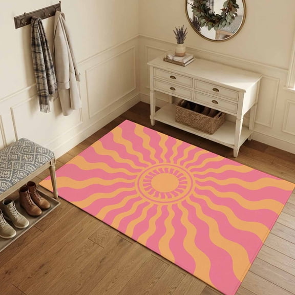 Area Rugs 3'x5', Boho Sun Carpet Runner Indoor Outdoor Rugs Home Decor Aesthetic, Vintage Abstract Minimalist Sunshine Lines Pink Non Slip Mats Washable Accent Rug for Living Room Bedroom