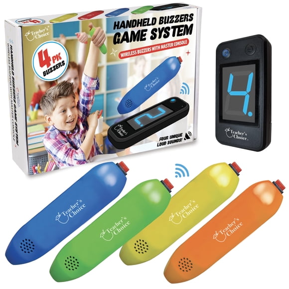 Teacher's Choice 4 Player Wireless Handheld Game Buzzer System - Displays First Buzz-in - Great for Jeopardy Family Feud Trivia and Buzzer Games - Console with 4 Joystick Buzzers 4 Unique Sounds