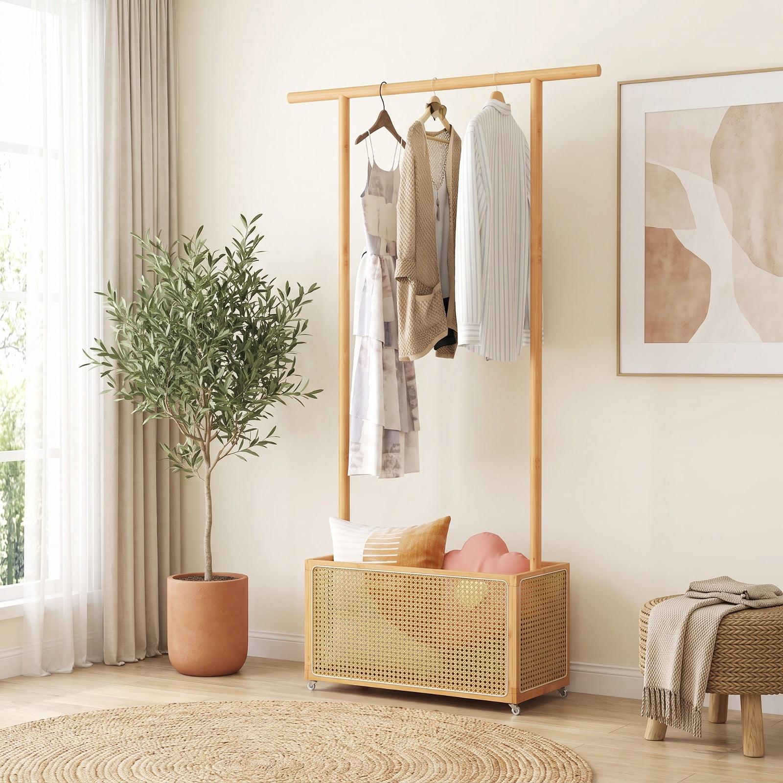 Furnibear Bamboo Clothes Rack with Wheels Woven Rattan Storage Basket and Hanging Rod Rolling Garment Rack for Bedroom and Entryway, Natural