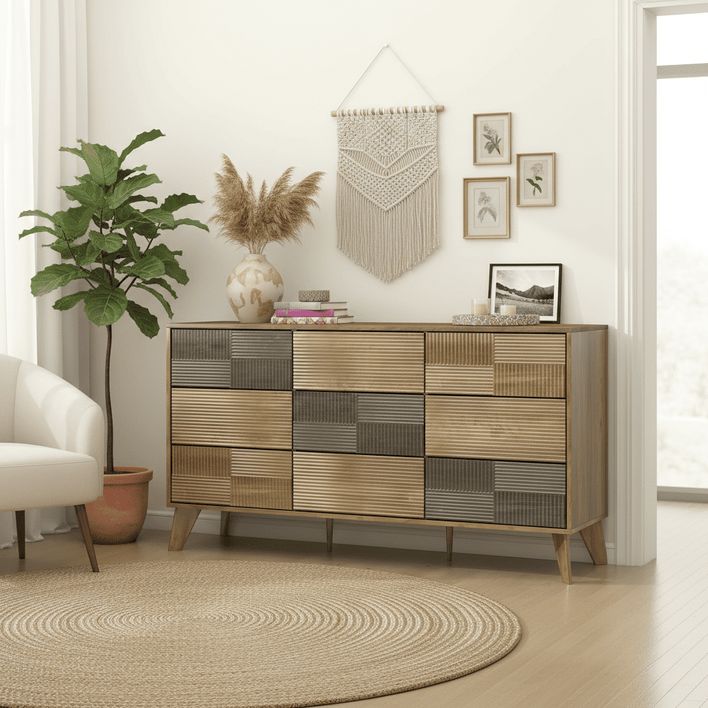 Danpinera Home 55" Wooden Dresser for Bedroom, 9 Drawer Double Dresser with Fluted Front, Mid Century Modern Push-to-Open Chest of Drawers, Dark Wood