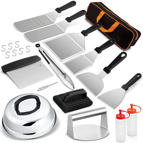 Leonyo 14 Pack Grill Accessories, Stainless Steel BBQ Grill Accessories, Griddle Spatulas, Scraper, Press, Tongs, Brush, Bottles, Hooks, Screwdriver, Carry Bag