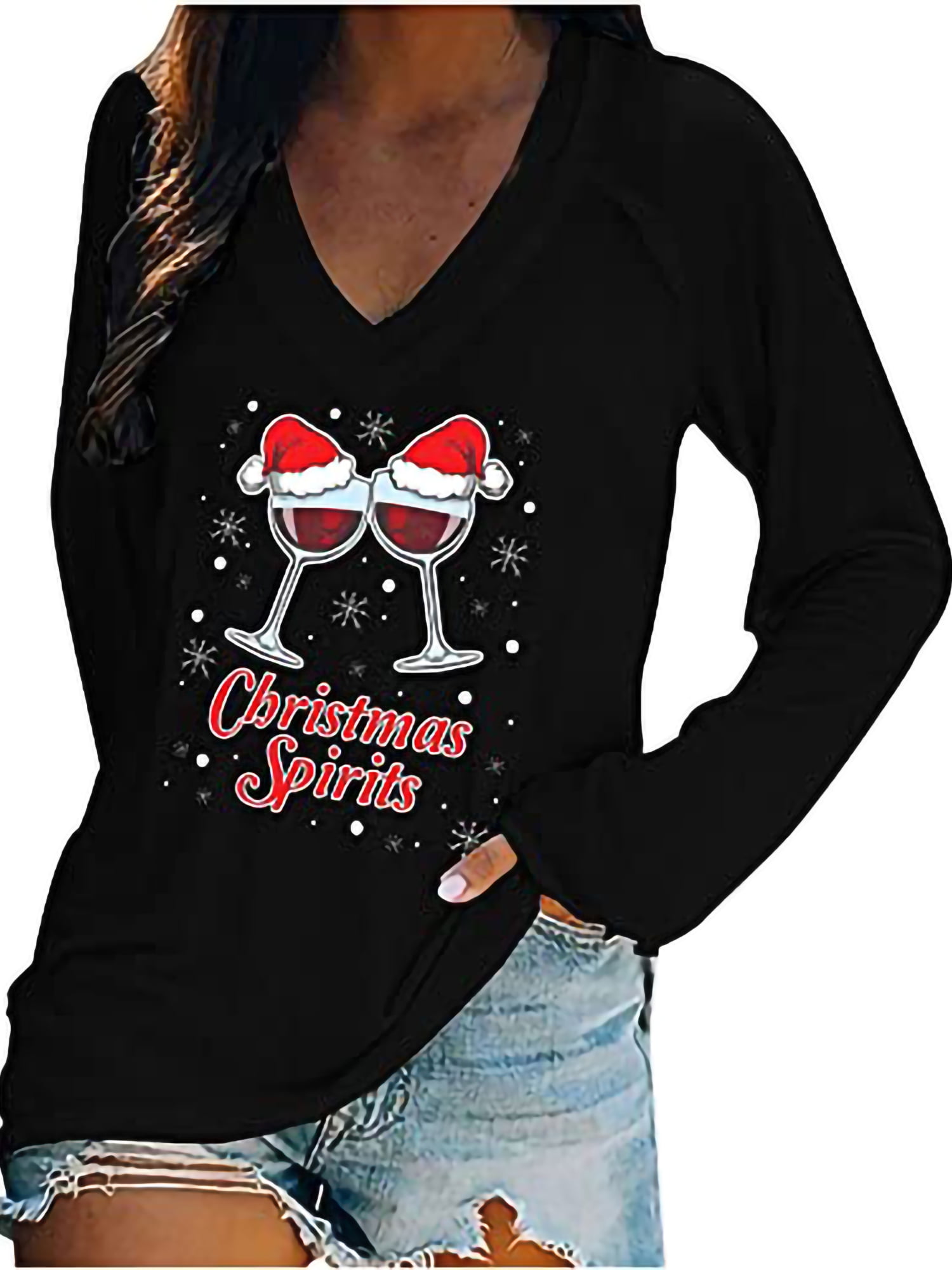 Womens Christmas Sequin Wine Glass Shirts, Xmas Long Sleeve Vneck  Pullover,Casual Loose Fit Sexy V-Neck Top (Black, Small) - Walmart.com