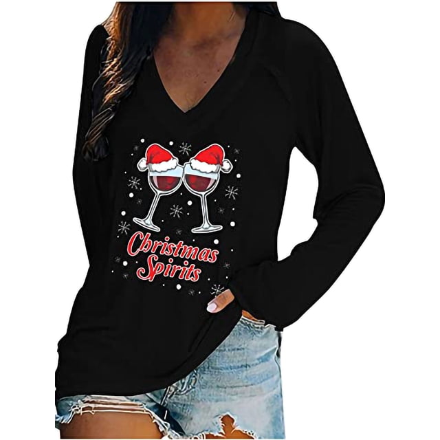 Suéter navideño para mujer, sudadera con cuello en V de manga larga con patrón de letras/vidrio XBTCLXEBCO Letras Negras;M