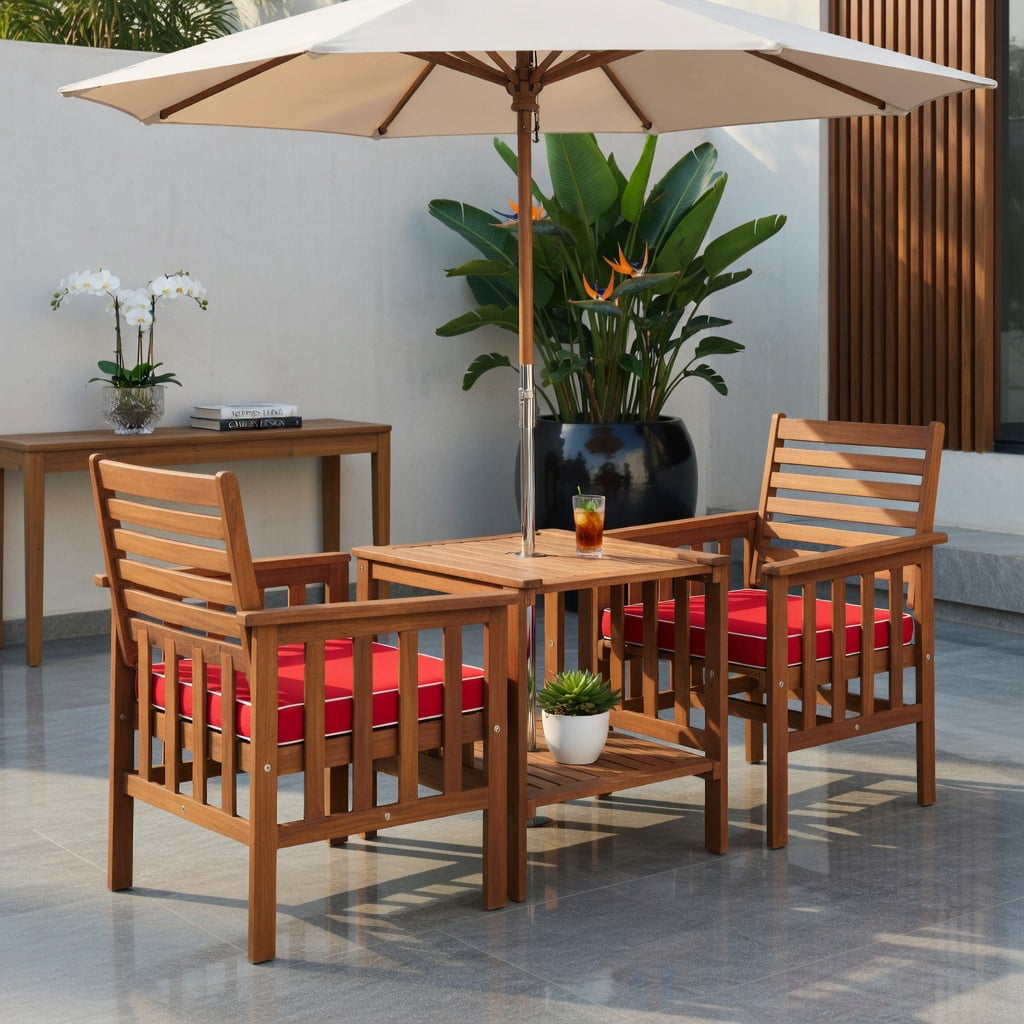 Hommoo 3-Piece Outdoor Patio Furniture Set, Acacia Wood Loveseat with 2 Cushions & Square Coffee Table, Red