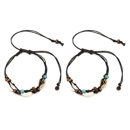 

2X Boho Natural Sea Shell Stone Anklets for Women Wood Bead Seashell Ankle Bracelet on Leg Foot Chain Wax Jewelry