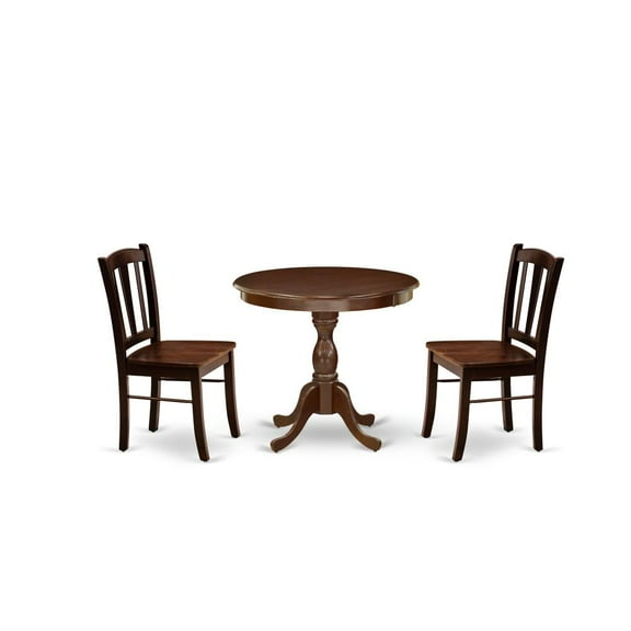 East West Furniture AMDL3-MAH-W - 3-Pc Dining Room Table Set- 2 Modern Dining Chairs and Wooden Dining Room Table - Wooden Seat and Slatted Chair Back - Mahogany Finish