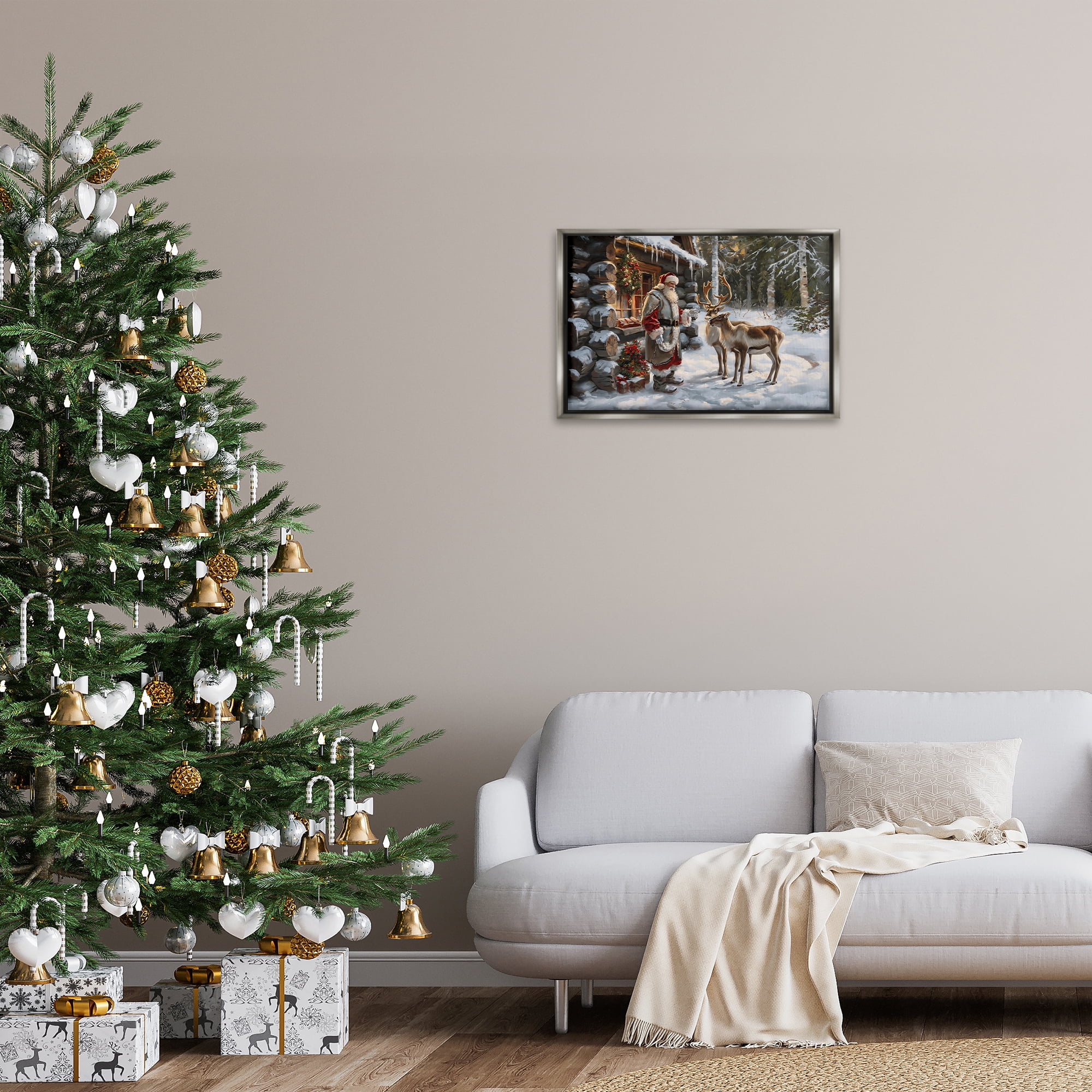 Stupell Industries Santa's Cabin with Reindeer Holiday Painting Gray Floater Framed Canvas Art Prints Wall Art, 25 x 17
