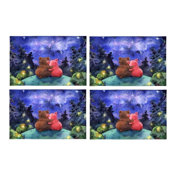 MKHERT Fairytale Bear and Pig Hugs at Starry Night Placemats Table Mats for Dining Room Kitchen Table Decoration 12x18 inch,Set of 4