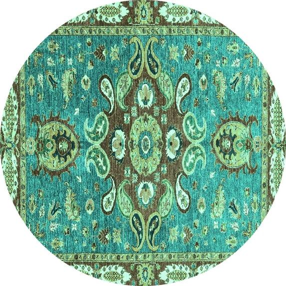 Ahgly Company Machine Washable Indoor Round Geometric Turquoise Blue Traditional Area Rugs, 7' Round