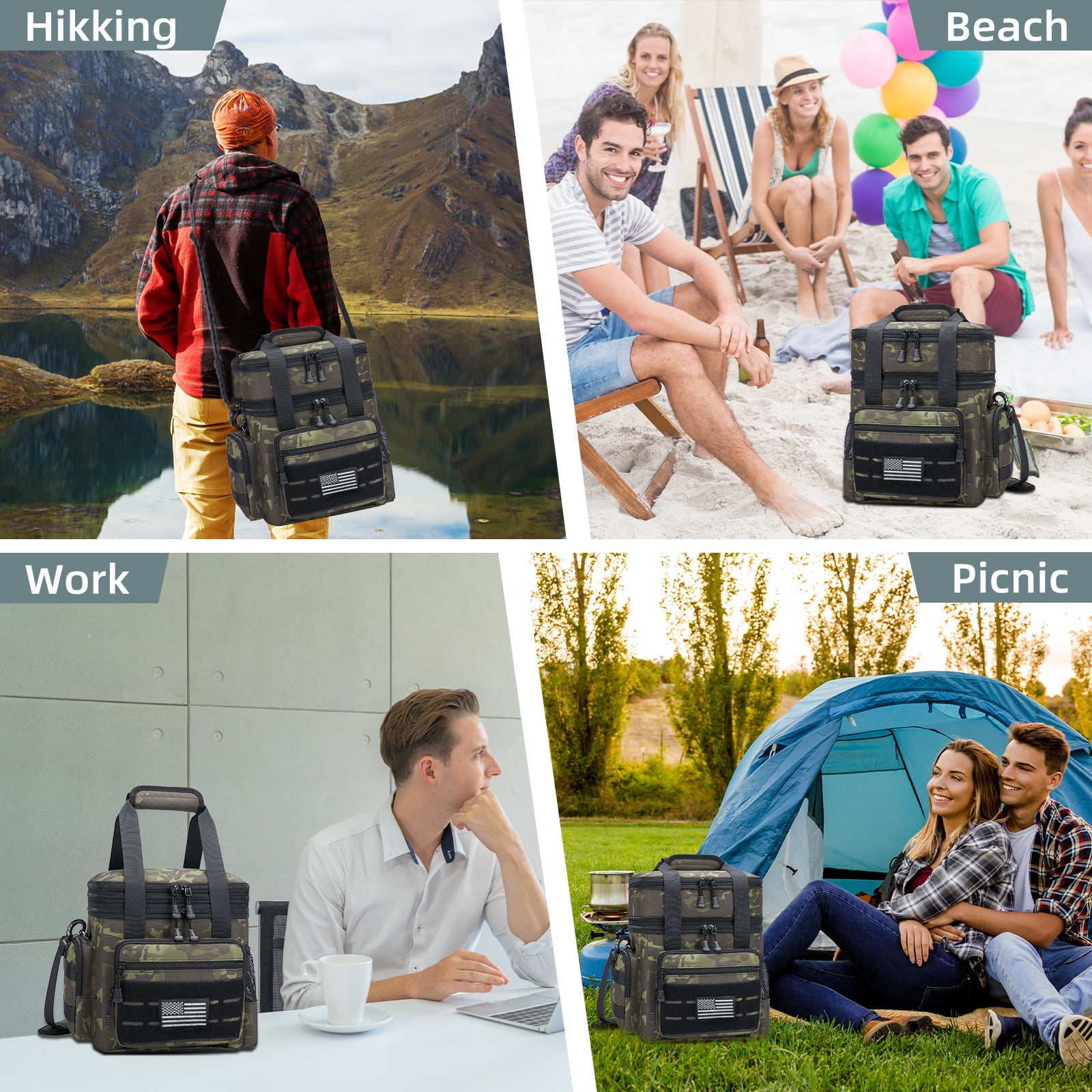 Holuxer Large Lunch Boxes for Men/Adults, Double Deck Expandable Camping Lunch Bag for Work Travel Daytrip Picnic Outdoor, Insulated Leakproof Cooler Bags with Flag Adjustable Shoulder Strap Camo
