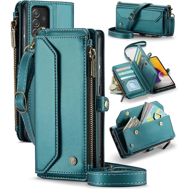 funda billetera para Samsung Galaxy A72 con Protección RFID, Ranuras para Tarjetas, Pata de Cabra, Correa Desmontable-Funda para teléfono tipo Bandolera con Tapa de Cuero PU a prueba