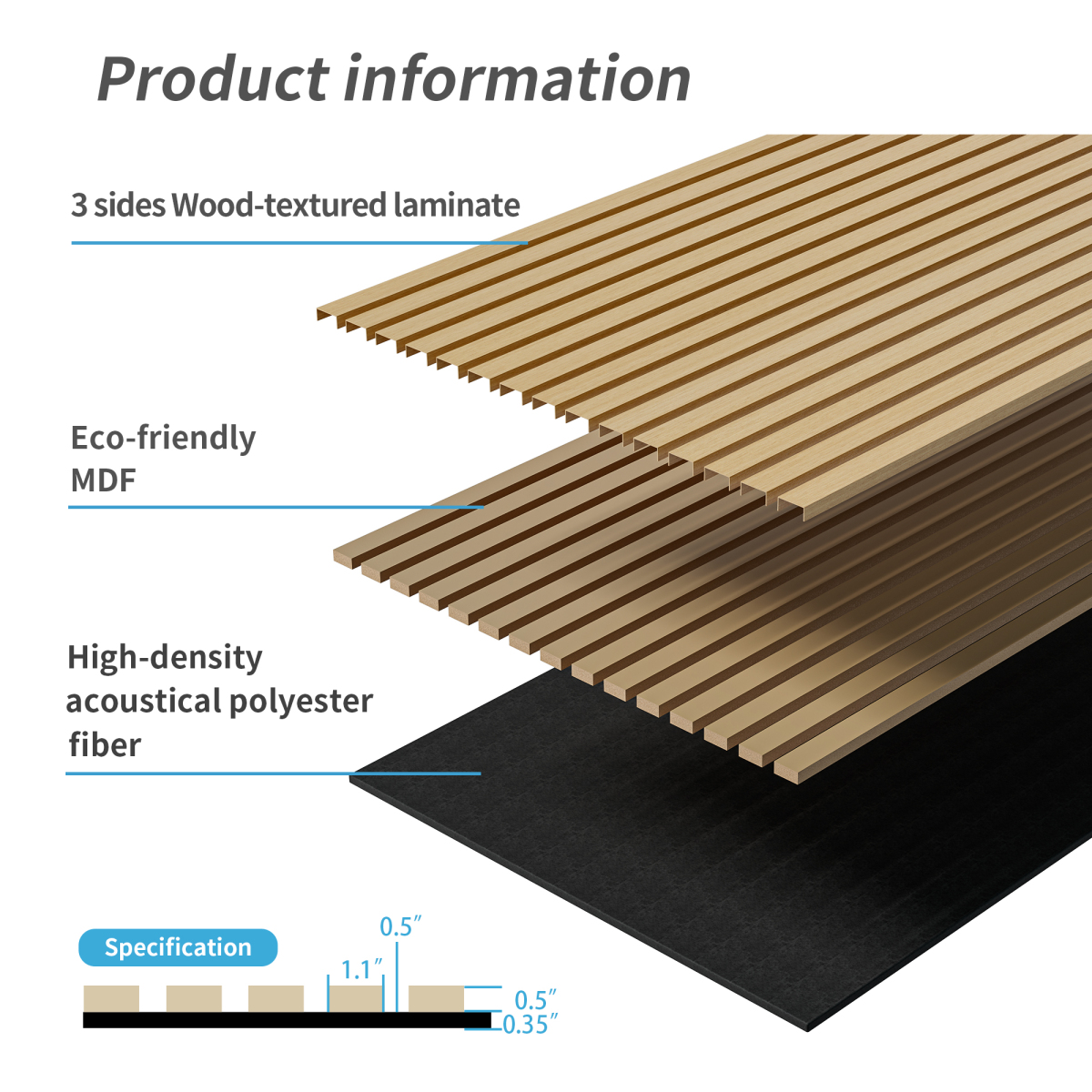 2PC 3D Fluted Wood Slat Acoustic Panels 45.27''X23.62'' White Oak Sound Absorbing Panels for Wall & Ceiling Three Sides Fully Wrapped