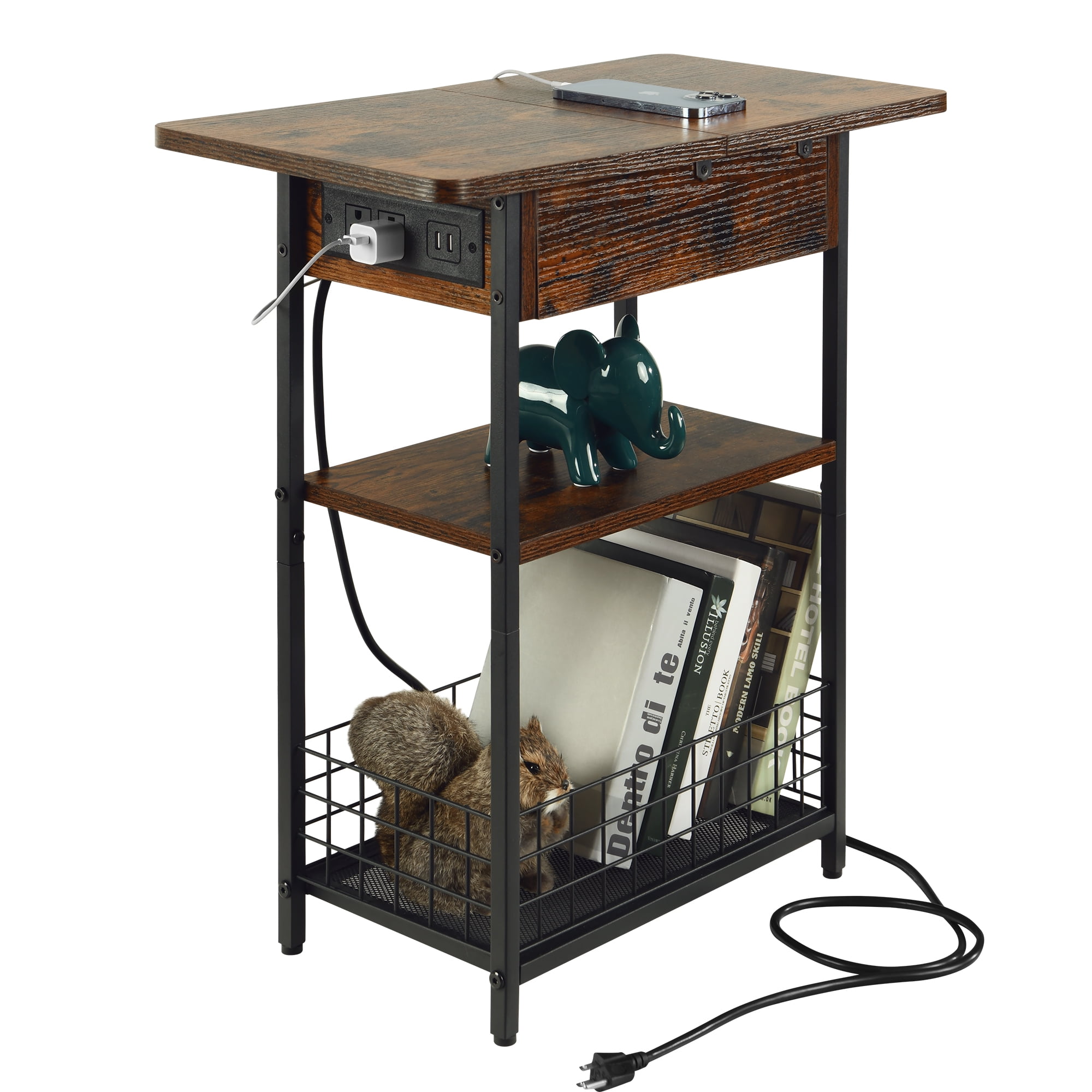 Homore End Table with Charging Station, Flip Top Open End Side Table