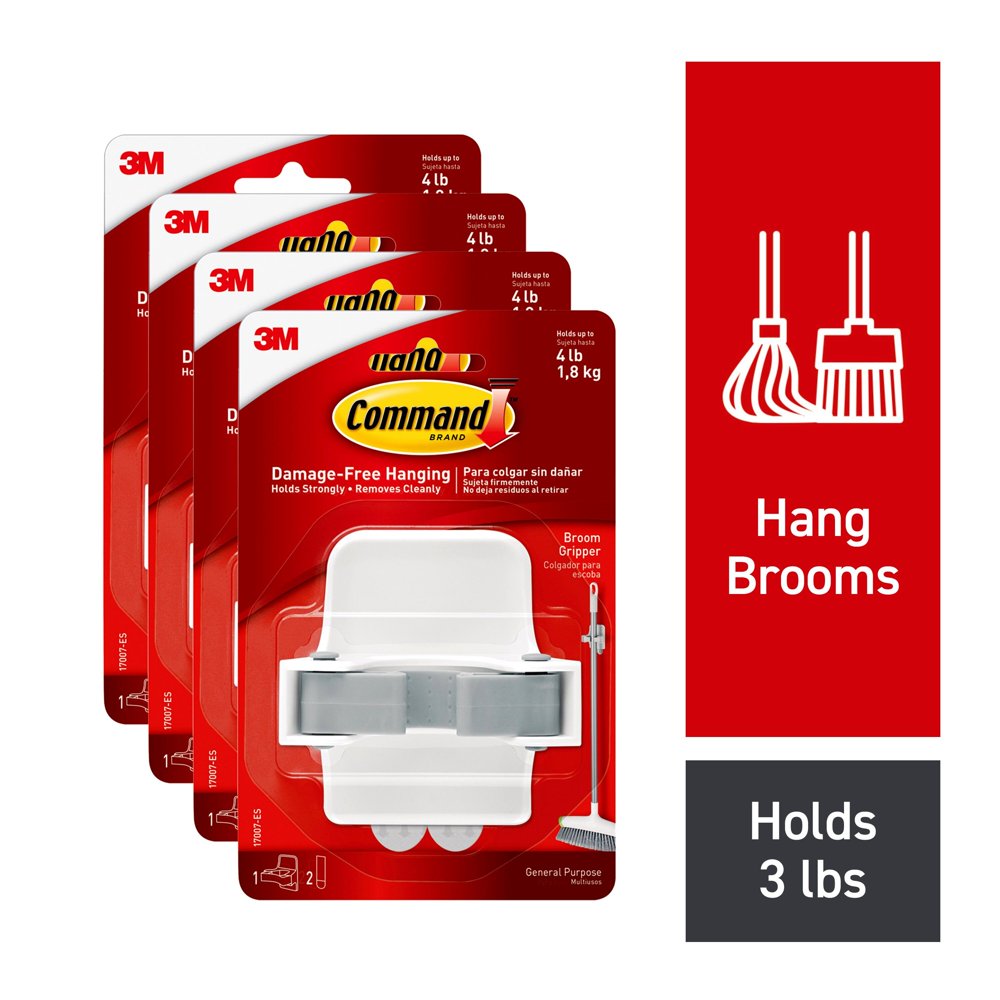 Command Broom Gripper, White, 4 Grippers, 8 Strips