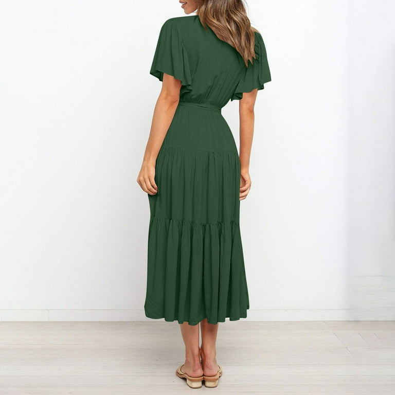 Short Sleeve Dresses for Women Ladies Elegant Short-sleeved V-neck Lace-up  Long Dress Fashion Beach Vacation Clothes - Walmart.com