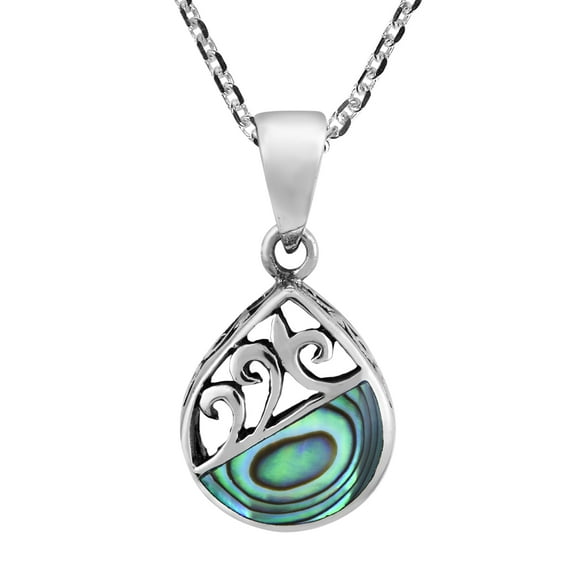 Ocean Teardrop Filigree Waves Abalone Shell on Sterling Silver Necklace