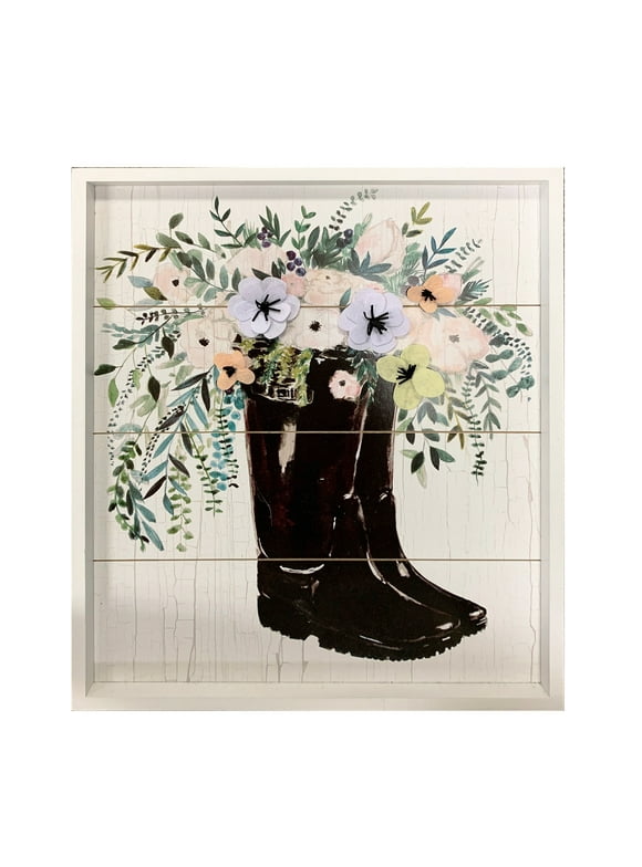 New View Rain Boots with Raised Felt Flowers 22" x 18" Floral Framed Wall Art, Multi-Color