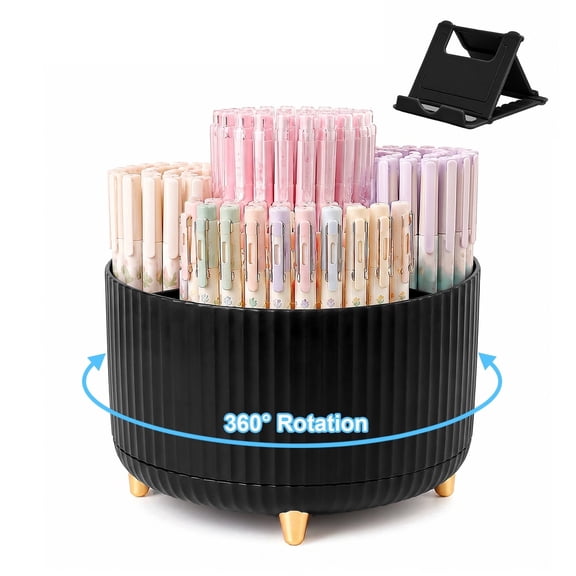 SAYEEC Black 360°Rotatable 5-Compartment Desktop Pen Holder Organizer with Phone Stand for Office Home