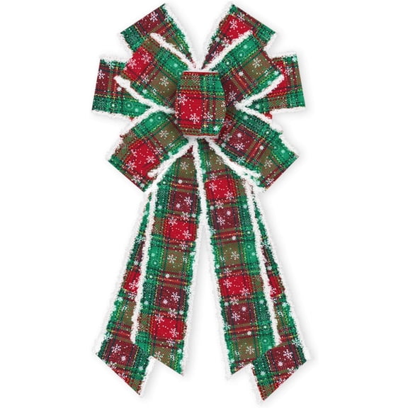 Hsomely Large Christmas Bows for Wreath, Red Green Buffalo Plaid Vintage Velvet Snowflake Burlap Bows for Front Door Indoor Outdoor Decor