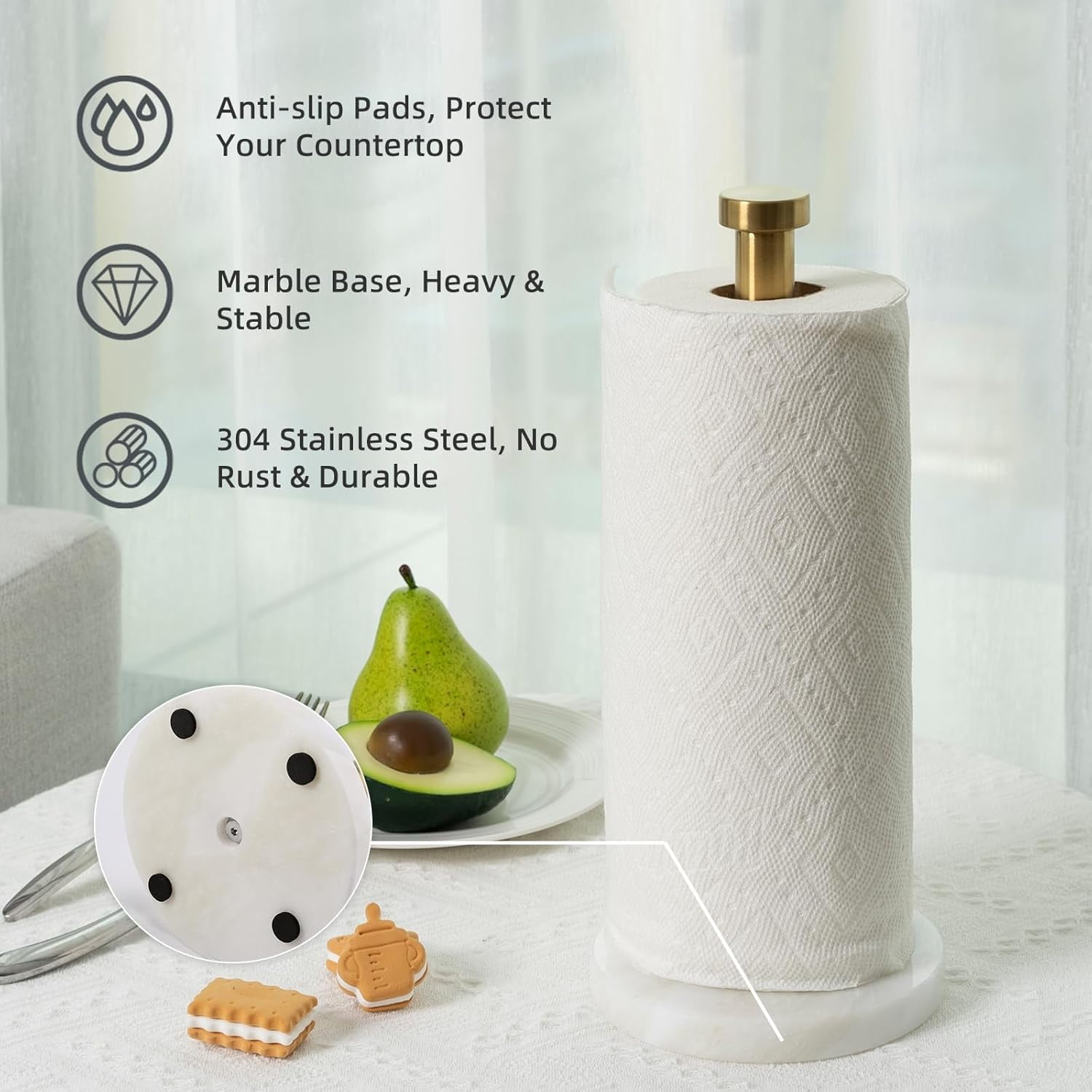 African Genuine Marble Paper Towel Holder Countertop, 6" Stone Base Gold Rod Stand for Kitchen Storage, Standard or Jumbo-Sized Rolls