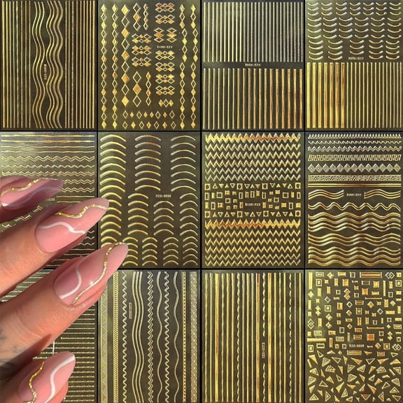 12 Sheets Gold Metallic Nails Sticker French Line Nails Decals Wavy Line Nails Art Stickers Manicures Stickers