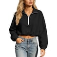 thumbnail image 4 of hoksml Women Half Zip Collar Drawstring Hem Cropped Sweatshirt Drop Shoulder Puff Long Sleeve Pullover for Street Casual Daily, 4 of 8