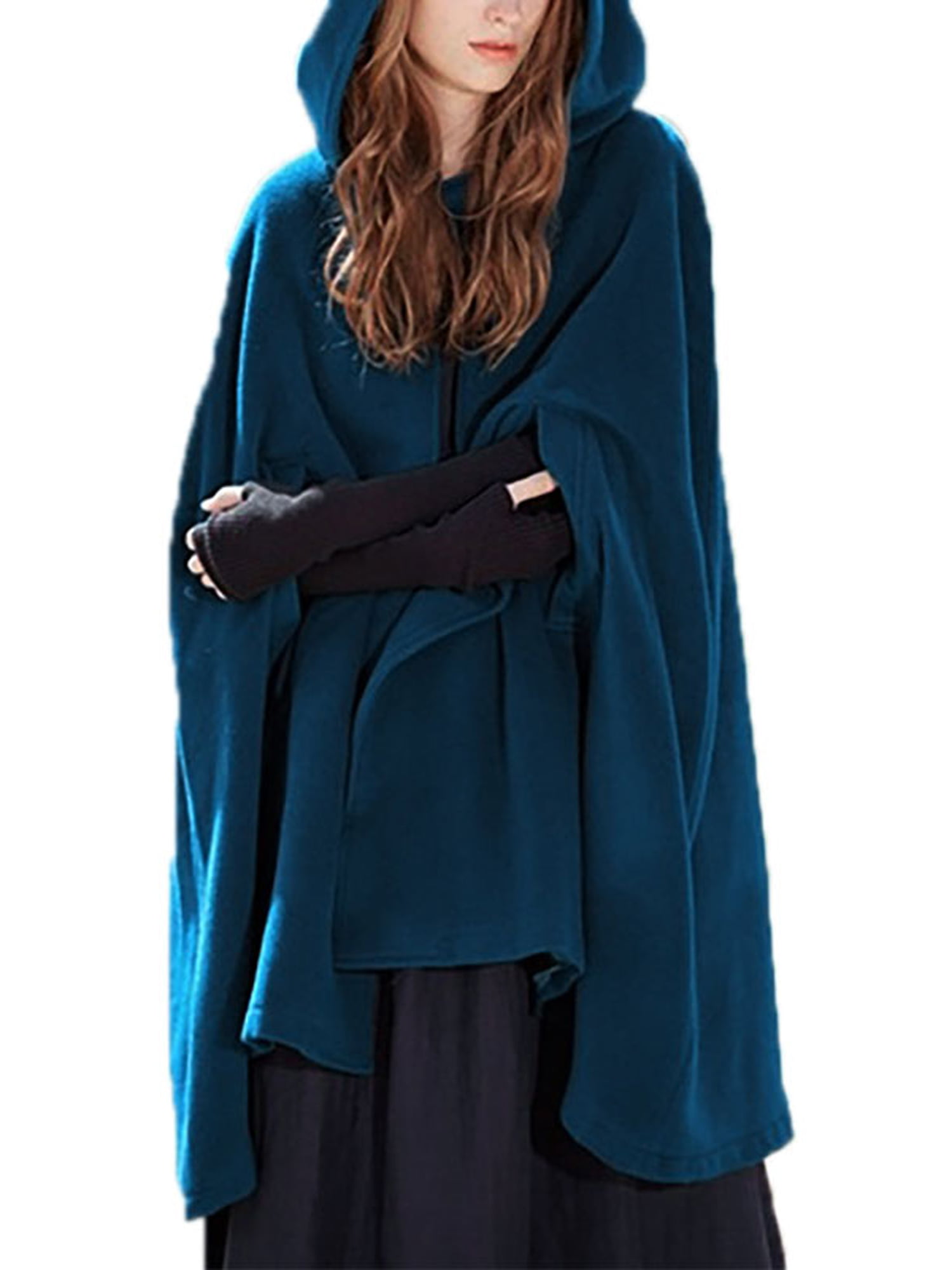 Winter Women Warm Fluffy Fur Hooded Cape Cloak Long Coat Plush Outerwear Poncho