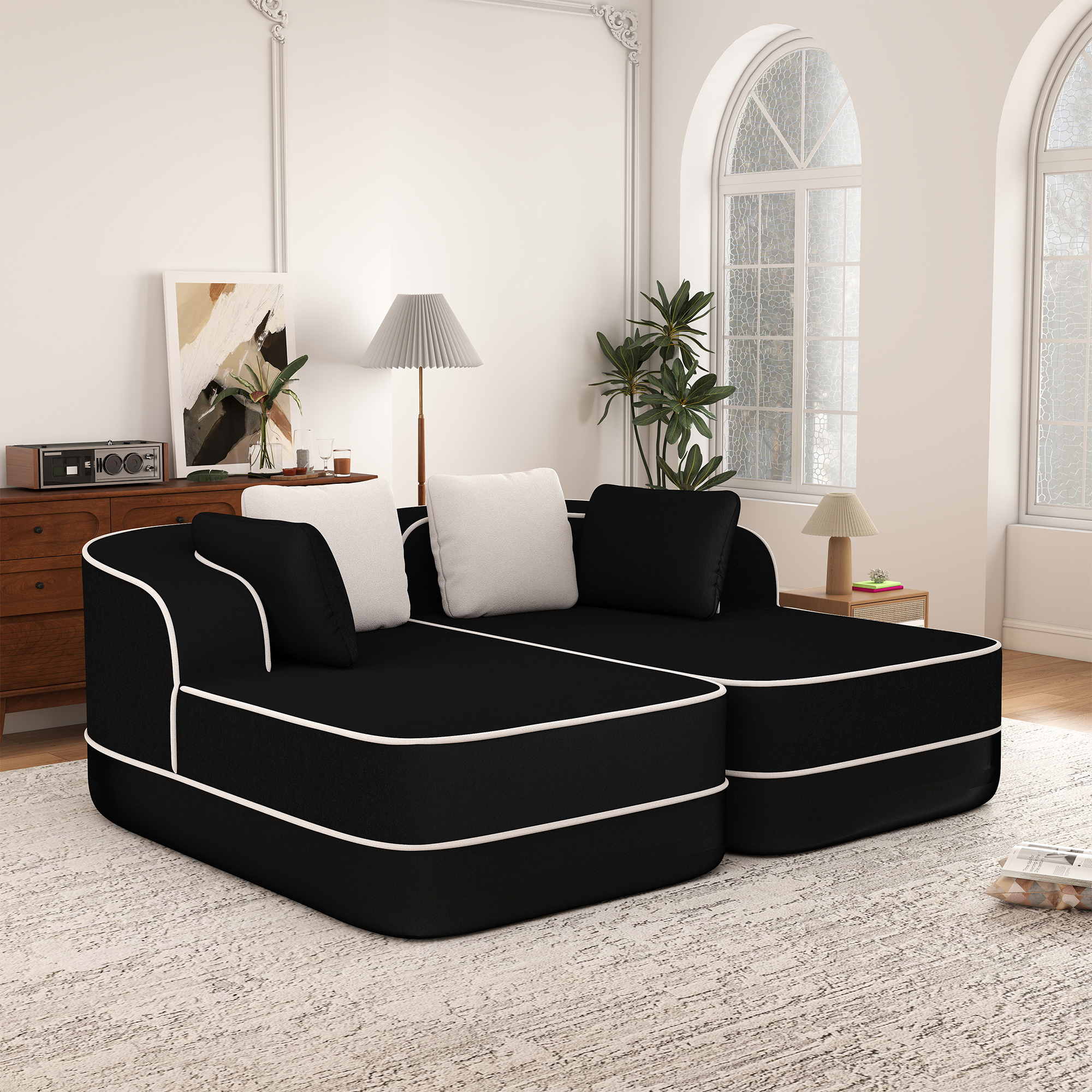 Aukfa 77" Double Chaise Sleeper Sofa, 2-Piece Modular Sectional, Teddy Velvet, Black