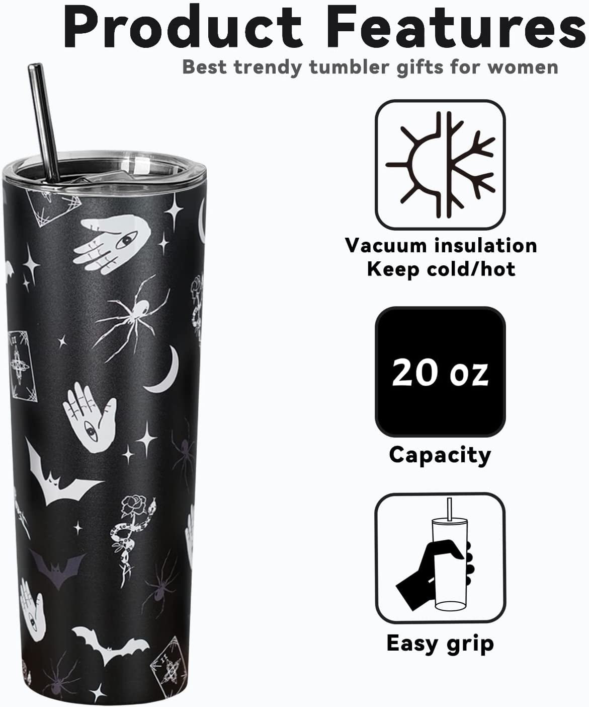 Ceovfoi Goth Moon Tumbler with Lid and Straw, Sun and Moon Cup Gothic Coffee Travel Mug,20 oz Witch Tumbler Cup,Witchy Gifts for Women Goth Decor
