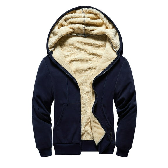 DPTALR Men's Solid Color Thick Long Sleeve Hooded Zipper Cardigan Jacket,Dark Blue,XL
