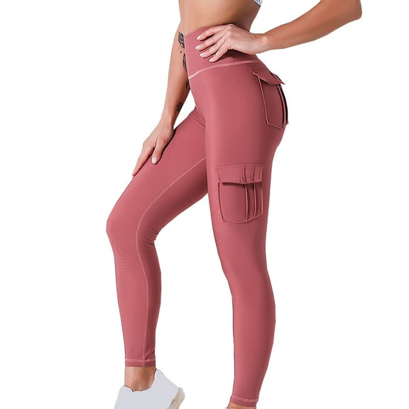 Women's Leggings Tummy Control Solid Color Pocket Casual Yoga Sports Pants Fashion Trousers Watermelon Red L