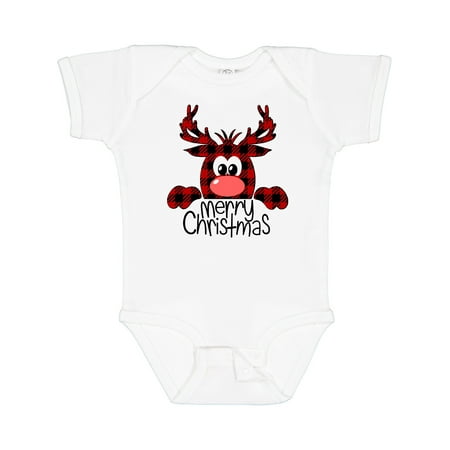 

Inktastic Merry Christmas Red Plaid Peeking Reindeer Boys or Girls Baby Bodysuit