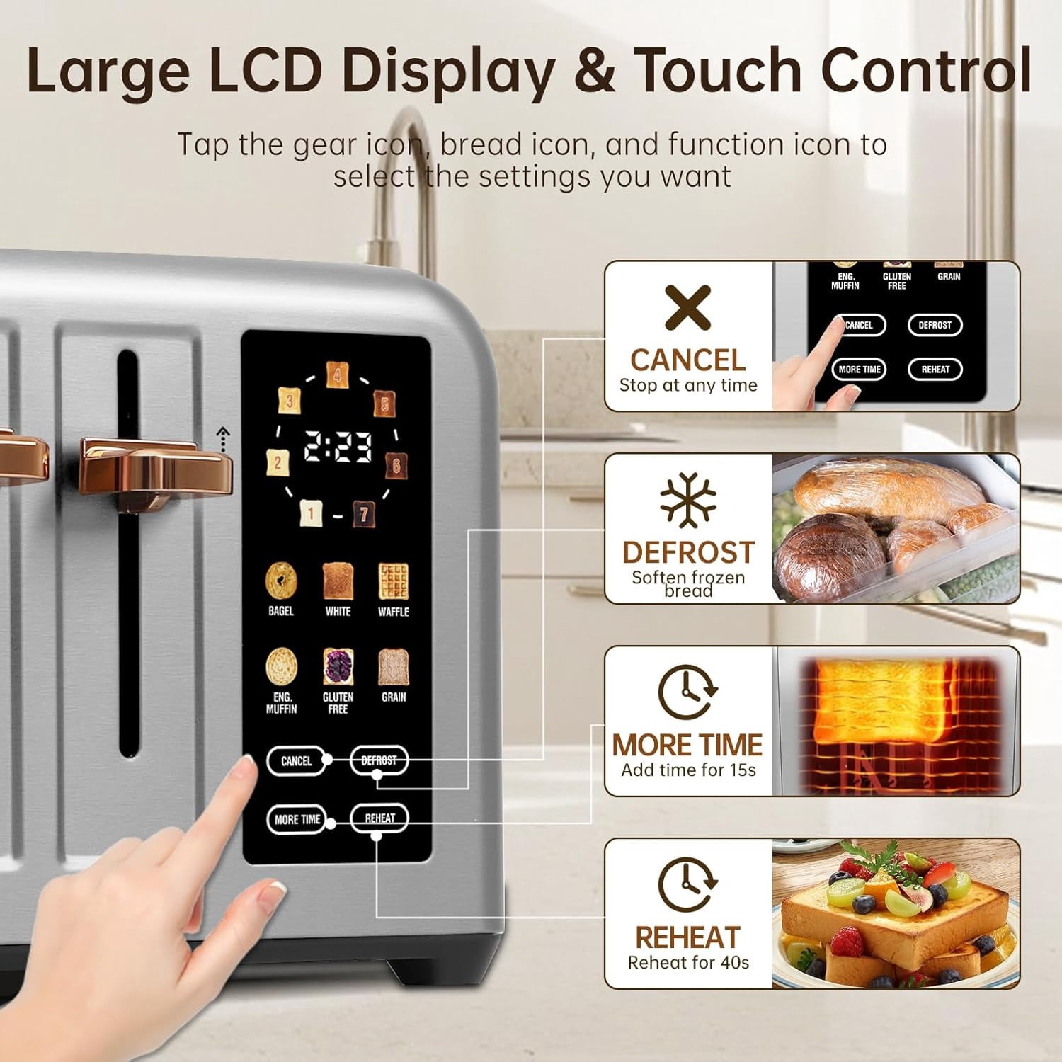 Toaster 4 Slice, Stainless , Touch Screen for Dual Control, Digital Timer, Toaster with 6 Bread Type, 7 Shade Setting, 1.5''Wide Slot, Removable Crumb Tray, 1800W, Metallic