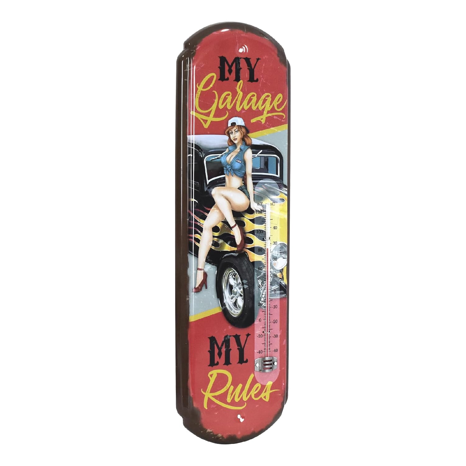 My Garage My Rules Vintage Metal Thermometer - Functional Indoor/Outdoor Wall Thermometer with Embossed Edge, Hot Rod & Pin-Up Design for Garage, Man Cave, or Workshop