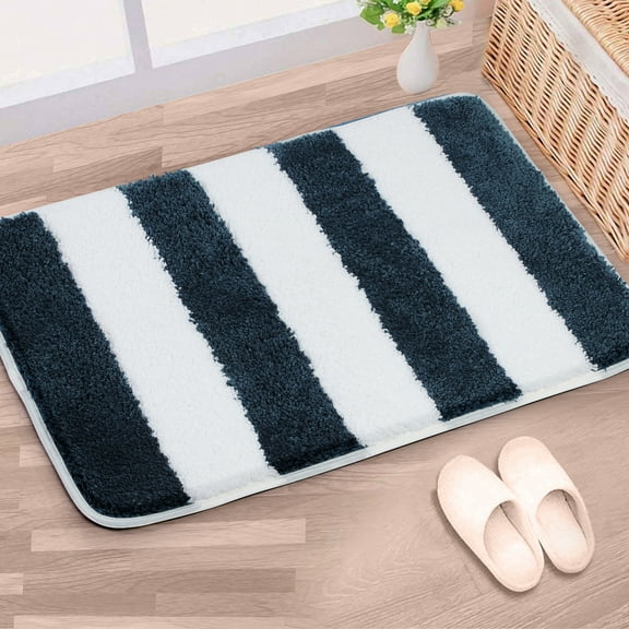 REGALWOVEN Microfiber Striped Bathroom Rugs, Shaggy Soft Thick&Water Absorbent Bath Mat Moroccan Blue&White 20"x31"
