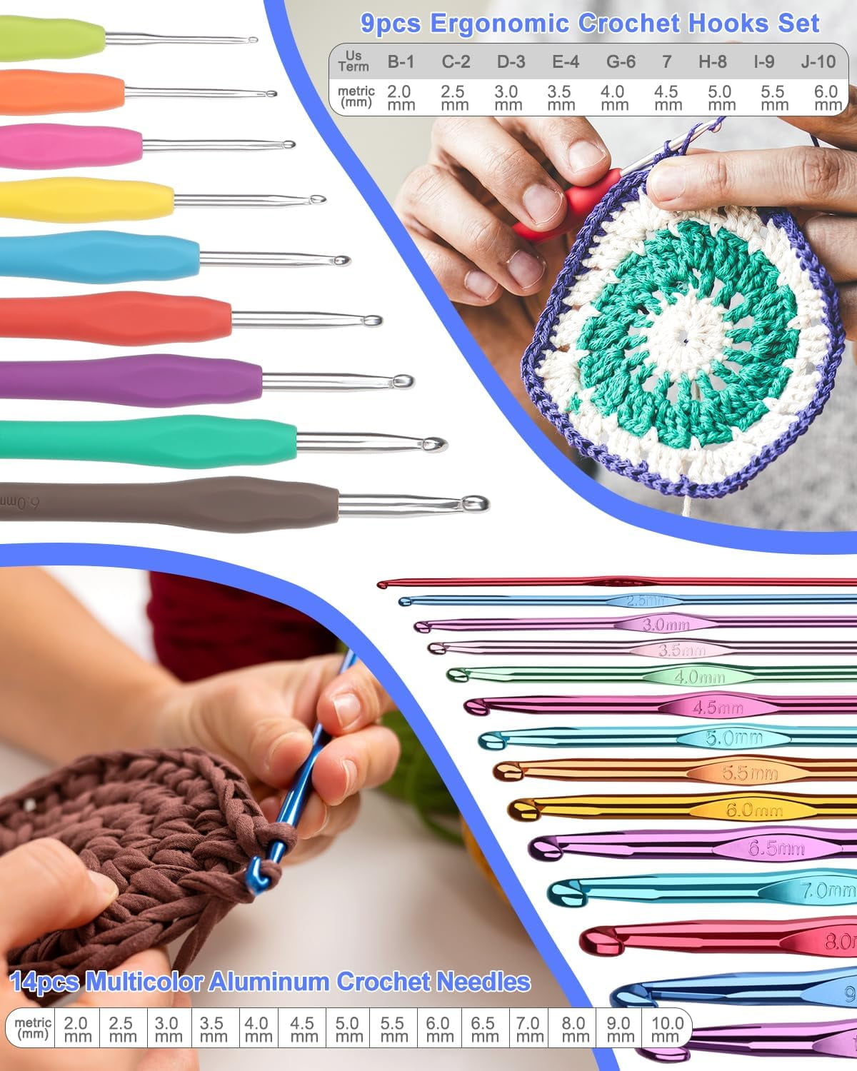 Crochet Kit for Beginners Young and Old, First Adults Include 23pcs Hooks, 655 Yards Yarn Set Crocheting, Instruction, Bag, Accessories Supplies, Navy