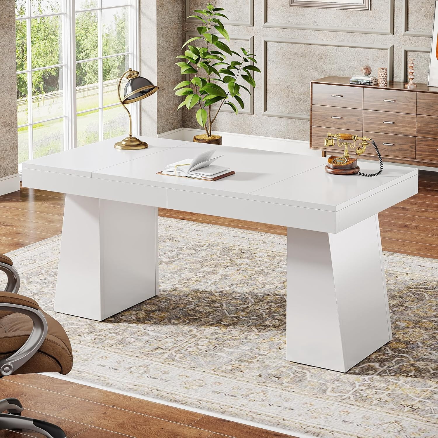 Tribesigns 55 Inches Executive Desk, Mid-Century Modern Home Office Desk with Double Trapezoid Base