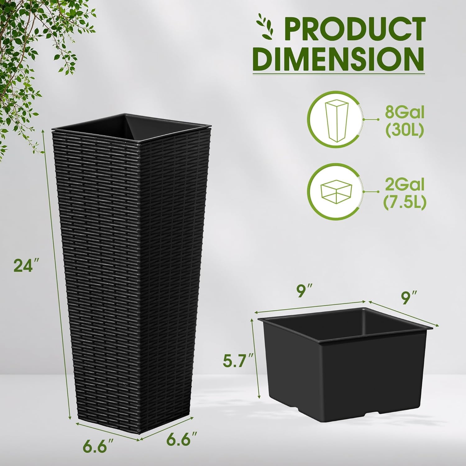 ZYPPP Resin Tall Planters for Outdoor Plants Set of 2, Large Taper Outdoor Planter Pots with 4 Drainage Holes, Flower Pots Modern Decor for Porch, Patio, Backyard, Home Garden (Black, 24")