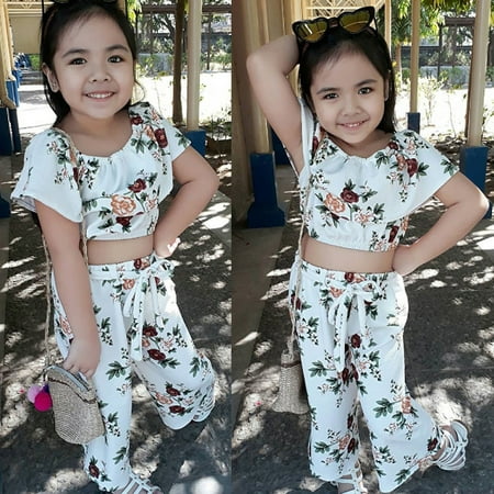 Floral Design Impressions Set - Summer Girl Clothing Set Flower Pattern Tops & Bell-bottoms Pants Holiday Beach Costume Gift 2PCS/Set Floral 90cm