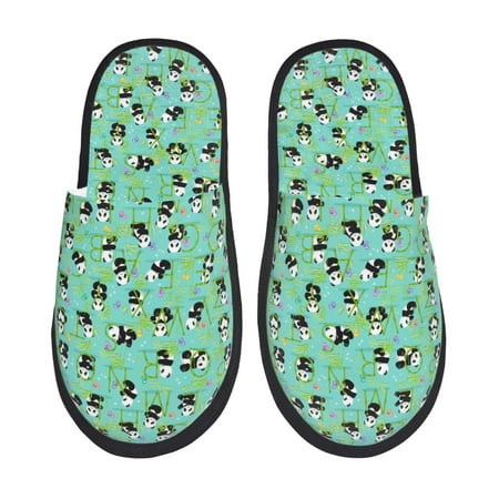 Balery Alphabet And Panda Slient Indoor Furry Fleece Comfort House Shoes Soft Non-Slip Home Shoes Cotton slippers House Slippers-- Large