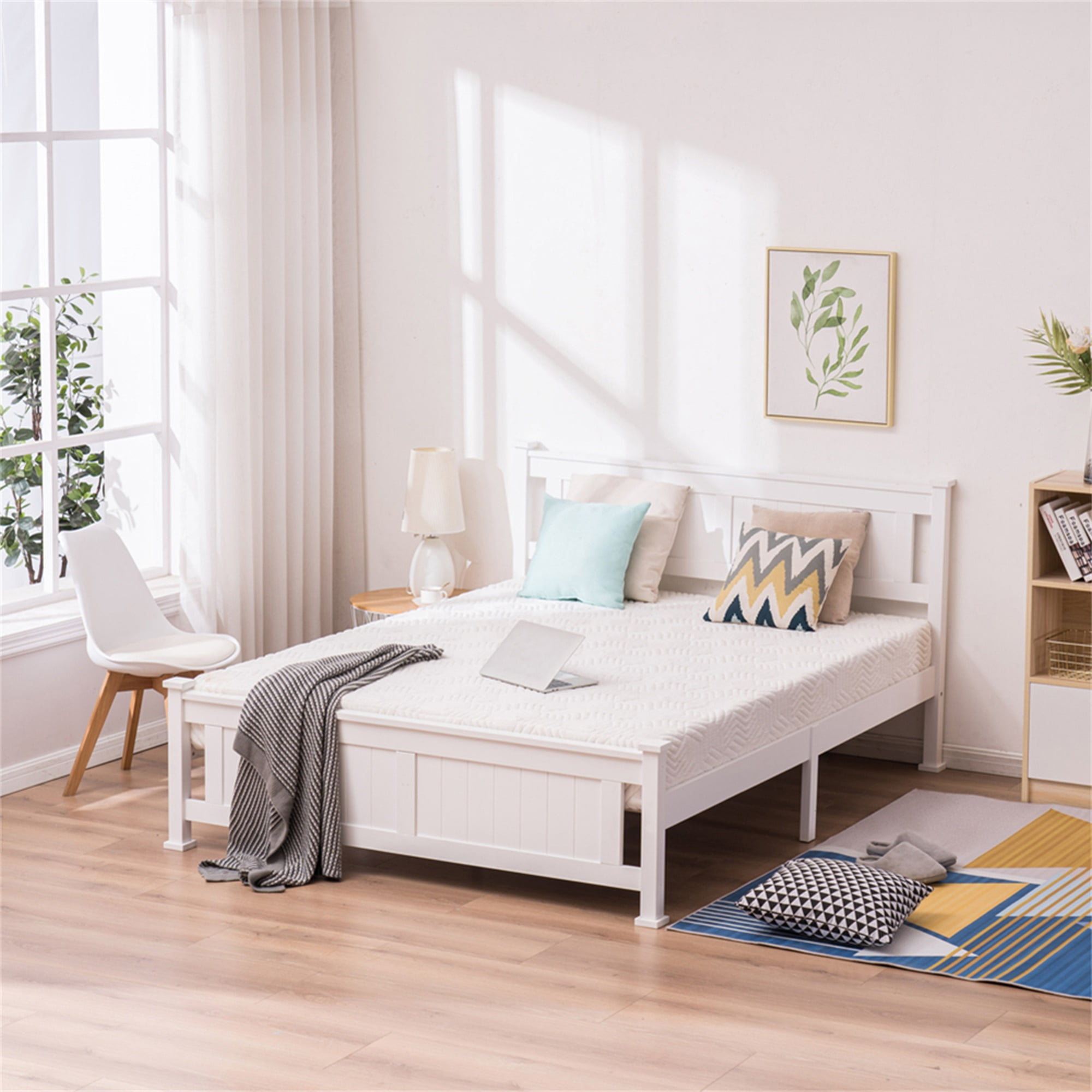 Kadyn Queen Size Bed Frame, Mattress Foundation with Sturdy Wood Slats, Adult Bedroom Bed with Headboard, Classic Full Size Adult Platform Bed, White Kadyn Queen Size Bed Frame, Mattress Foundation with Sturdy Wood Slats, Adult Bedroom Bed with Headboard, Classic Full Size Adult Platform Bed, White
