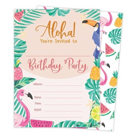 Hawaiian Aloha HI Maui Tropical Style 2 Happy Birthday Invitations Invite Cards (25 Count) With Envelopes & Seal Stickers Vinyl Boys Girls Kids Party