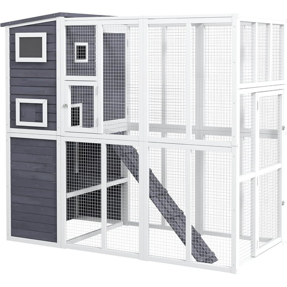 Large Gray Outdoor Cat House - 4-Tier Wooden Catio (76"L x 33"W x 70"H) with Waterproof Roof, 2 Platforms & Ramps - for Multiple Cats & Small Pets