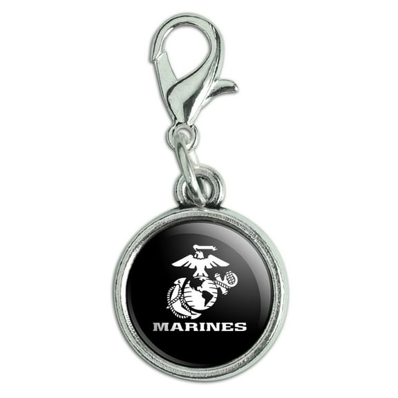 Marines Text USMC White Logo on Black Officially Licensed Antiqued Bracelet Pendant Zipper Pull Charm with Lobster Clasp