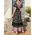 thumbnail image 4 of Women's Boho Short Sleeve V Neck Lace Wrap High Waist Dress Floral Beach Bohemian Ruffle Maxi Dress, 4 of 5